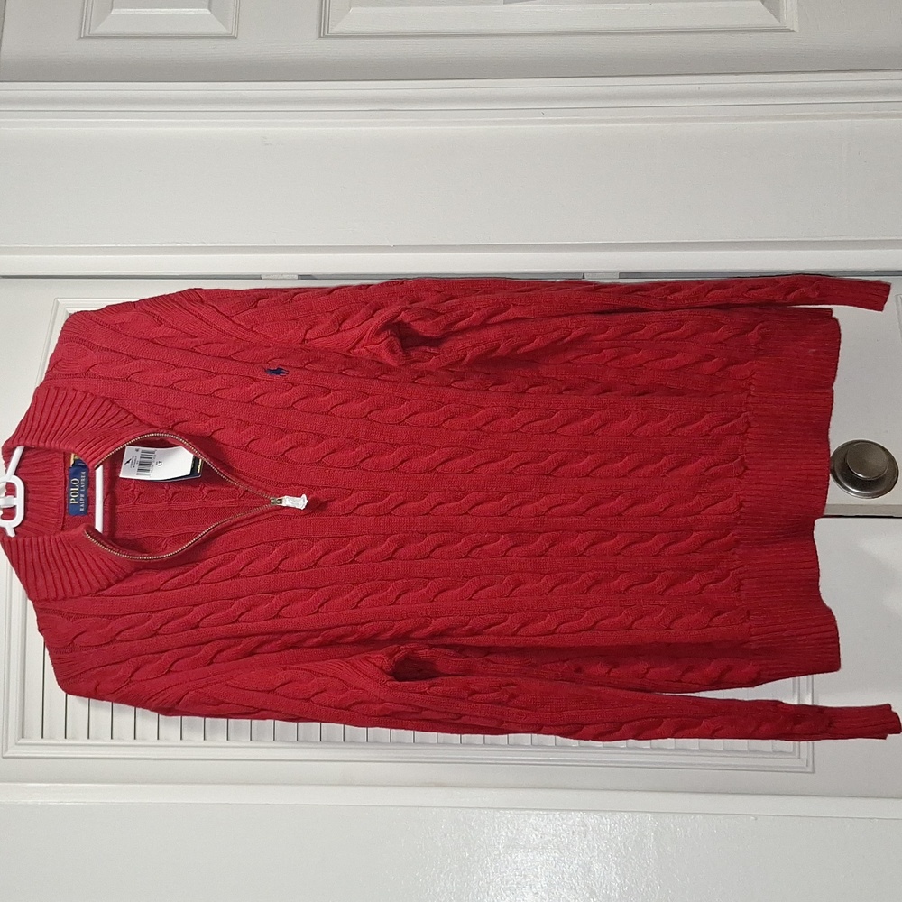 NWT-Polo Ralph Lauren - Red Cable Knit, Quarter Zip Sweater (LT)